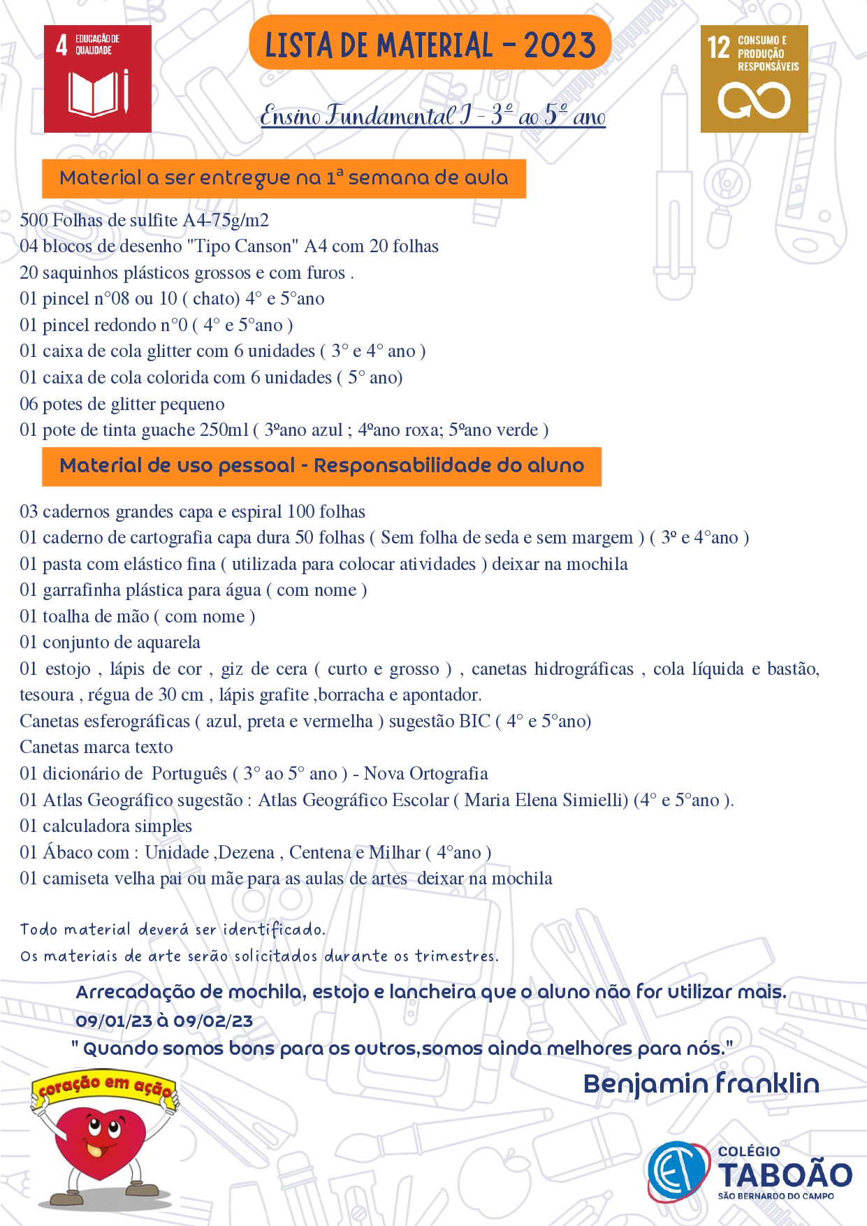 Lista de material 3ºao 5ºano 2023