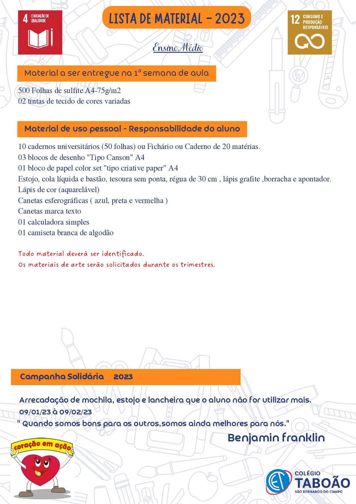 Lista de material Ensino Médio 2023